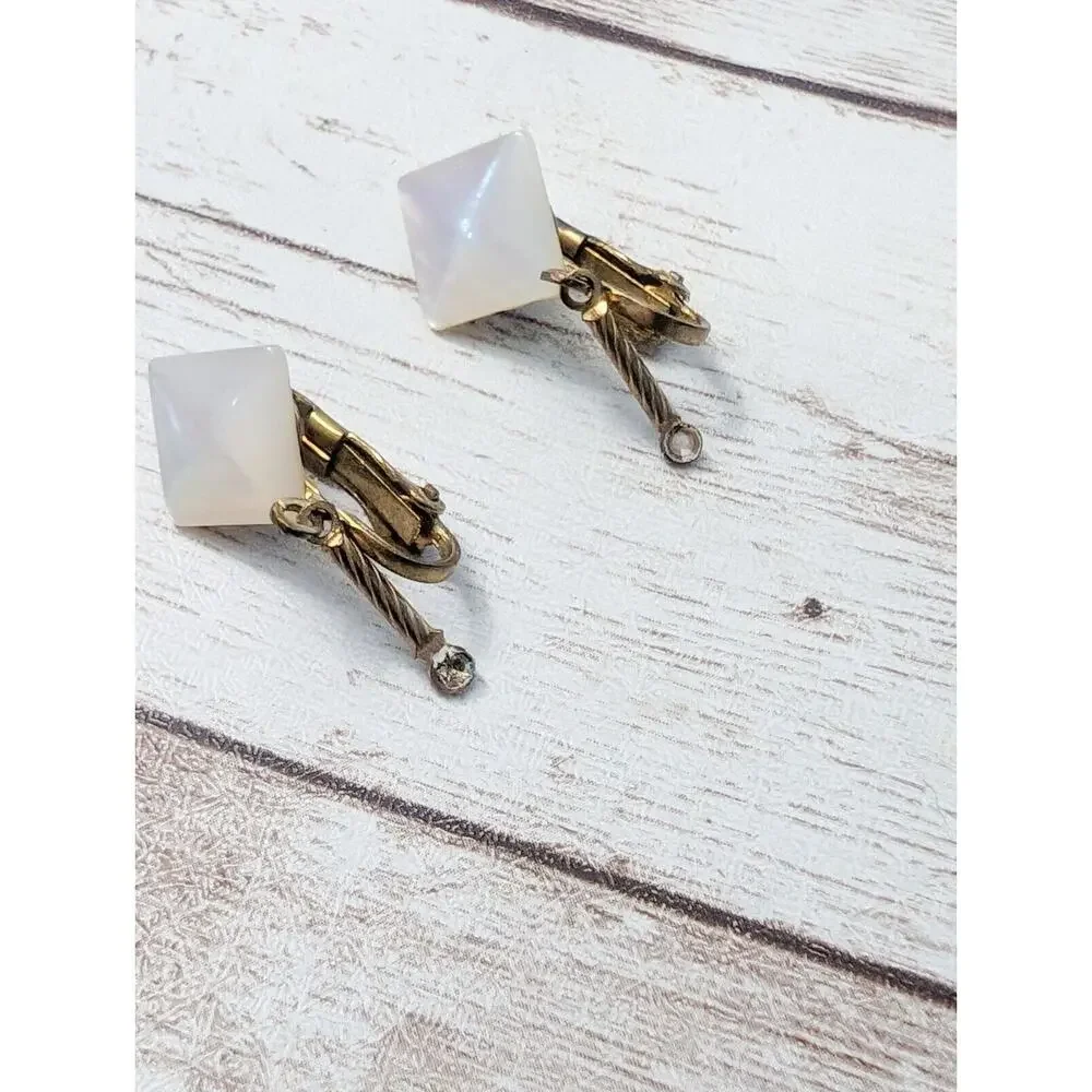 Vintage Clip On Earrings - Dainty Pearlescent with Dangle